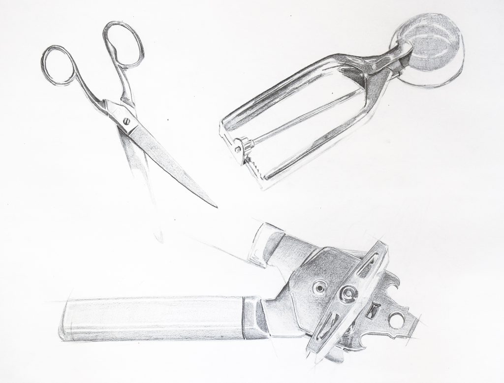 Potloodtekening schaar ijsschep blikopener
